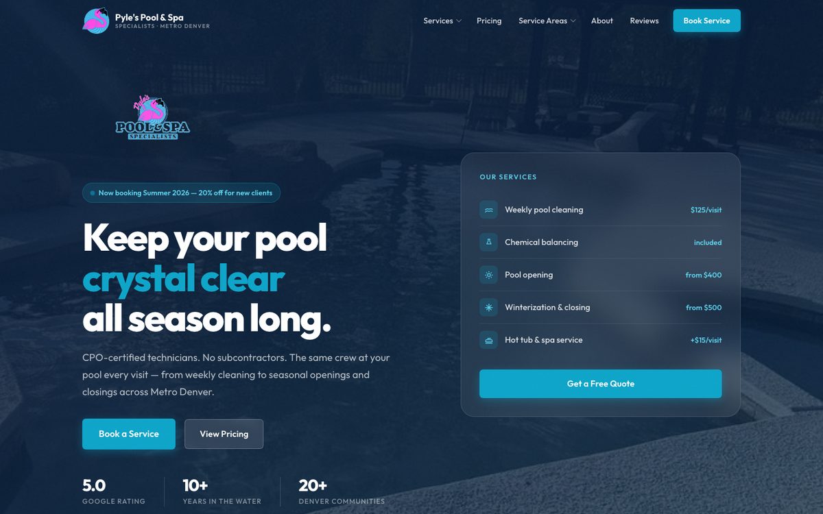 Homepage of Pyle's Pool and Spa Specialists — dark site with electric blue and pink accents